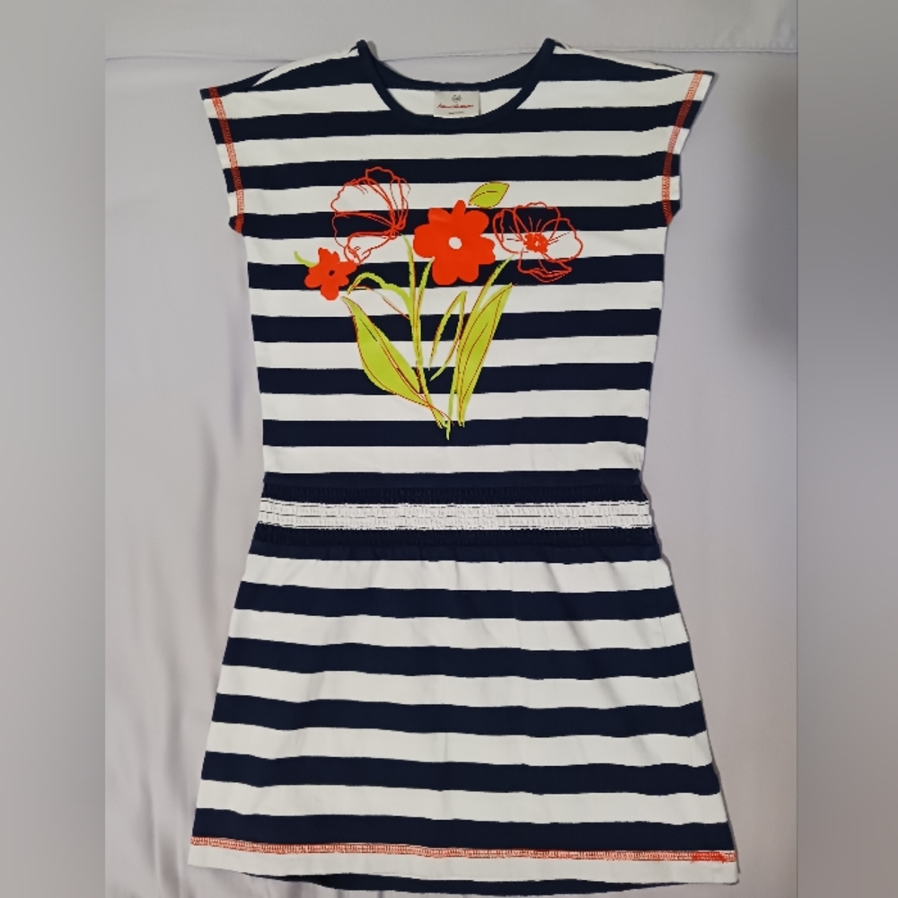 Hanna Andersson Girls 8 130 Navy White Striped Orange Flower Print Dress EUC